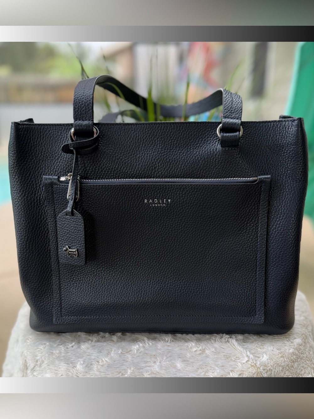 RADLEY LONDON Navy Blue Pebbled Leather Tote with Front Pocket